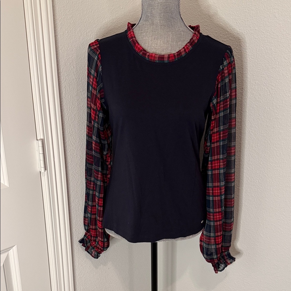 Tommy Hilfiger Navy Blouse with Red Plaid Accents